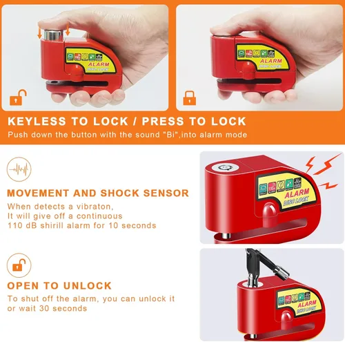 Miniatura 4 de Bloqueo de freno de disco de alarma para motocicleta, cerraduras de motocicleta, antirrobo, bloqueo de disco de seguridad, impermeable, 110 dB, Rojo