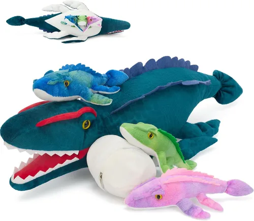 Miniatura 14 de Animales de peluche de dinosaurio, juguete de peluche para niñas y niños, una mamá dinosaurio con 3 dinosaurios bebés, triceratops, estegosaurio