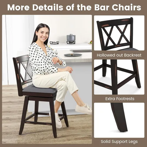 Miniatura 4 de COSTWAY Juego de 2 Taburetes de Bar para Isla de Cocina, Silla de Altura de Mostrador de 25 Pulgadas con Respaldo Ergonómico, Reposapiés, Superficie