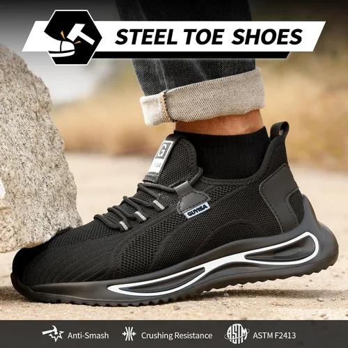 Miniatura 2 de GLANOUDUN Zapatos de punta de acero para hombre, zapatos de trabajo ligeros para hombres, zapatos de trabajo negros con punta de acero, zapatos