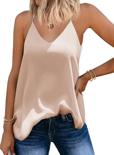SUNAELIA Camisola de gasa con cuello en V para mujer, ajuste holgado, con tirantes delgados, camisola de verano casual sin mangas