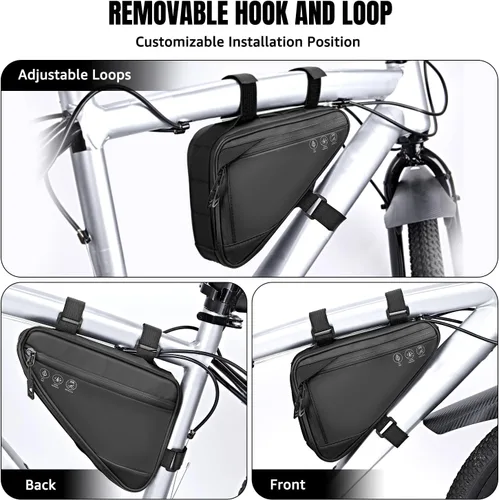 Miniatura 6 de Bolsa de almacenamiento para cuadro de bicicleta WOTOW, bolsa triangular reflectante resistente al agua con dos bolsillos laterales, bolsa