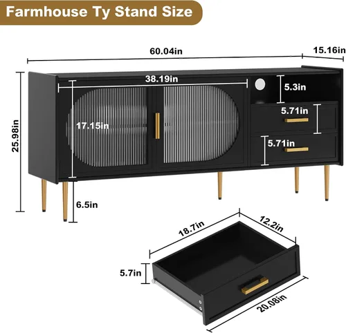 Miniatura 3 de ARTPOWER Soporte de TV moderno de 60" para televisores de 55/60/65 pulgadas, mesa de consola de TV con puertas de vidrio y cajones, centro