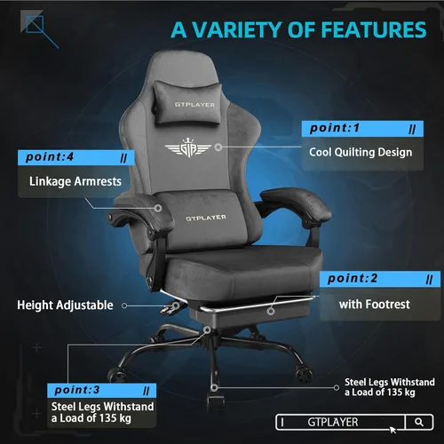 Miniatura 6 de GTPLAYER Silla de juegos de tela con cojín de resorte de bolsillo, sillas de juegos grandes y altas, silla de computadora de respaldo alto de 350