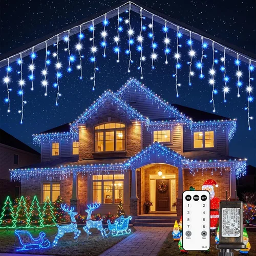 Miniatura 14 de Luces de Navidad de carámbano para exteriores, 40 pies, 432 LED, impermeables, para exteriores, 8 modos de iluminación, con control remoto