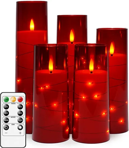 kakoya Velas LED sin llama con temporizador, 5 piezas de velas parpadeantes sin llama para ambiente romántico y decoración del hogar, carcasa Rojo