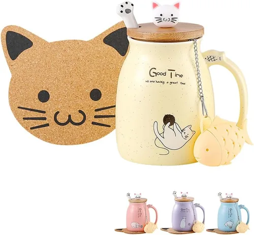 Miniatura 8 de BigNoseDeer Lindas tazas Kawaii de gato, taza de café de cerámica con infusor y tapa, cuchara, taza de té, regalos lindos y geniales para mujeres