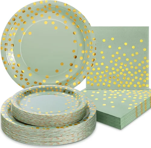 Miniatura 8 de 150 piezas de decoraciones de fiesta verdes y doradas, platos verdes y servilletas, suministros de fiesta para 50 invitados, platos de papel