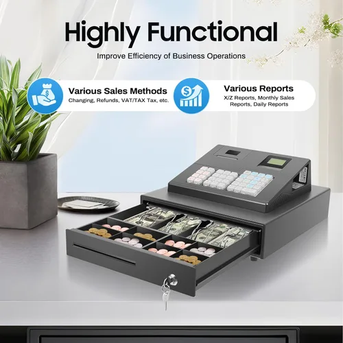 Miniatura 5 de Caja registradora pequeña de 39 llaves electrónica con cajón, caja registradora sin llave, impresión térmica rápida y silenciosa, pantalla de doble