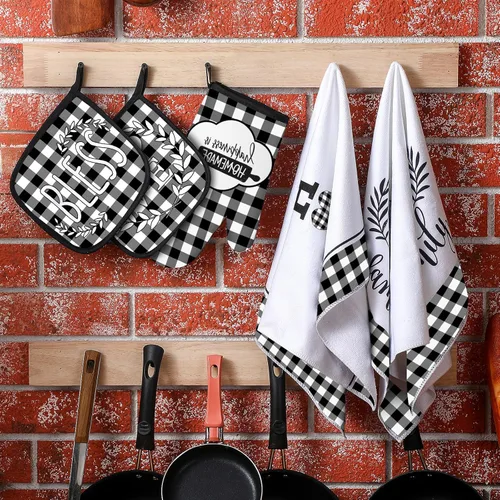 Miniatura 5 de Juego de 5 toallas de cocina a cuadros de búfalo, guantes de horno y soporte para ollas, toallas de cocina en blanco y negro, almohadillas calientes