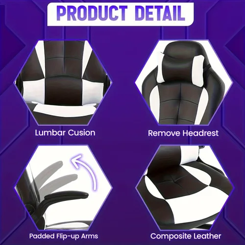 Miniatura 2 de Silla de juegos para PC, silla ergonómica de oficina de masaje ajustable en altura con giro de 360 grados, asiento ancho y reposacabezas