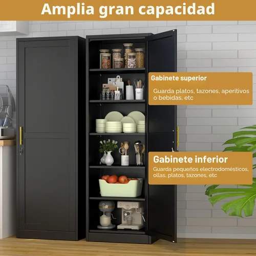 Miniatura 4 de Armario de almacenamiento alto y estrecho de metal con cerradura y 5 estantes ajustables, archivadores de acero, armario organizador de armario