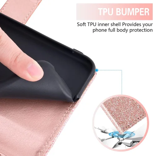 Miniatura 6 de Asuwish Funda para teléfono Cricket Icon 4 con protector de pantalla de vidrio templado y accesorios para celda, ranura para tarjetero, función Oro