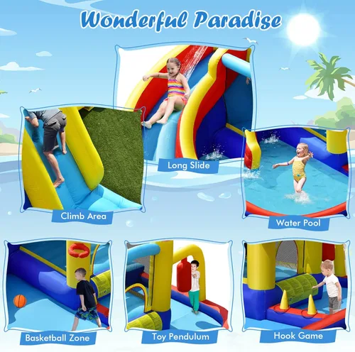 Miniatura 4 de BOUNTECH Tobogán acuático inflable, castillo de salto de parque acuático 6 en 1 para niños con 2 piscinas de salpicaduras, boxeo, toboganes