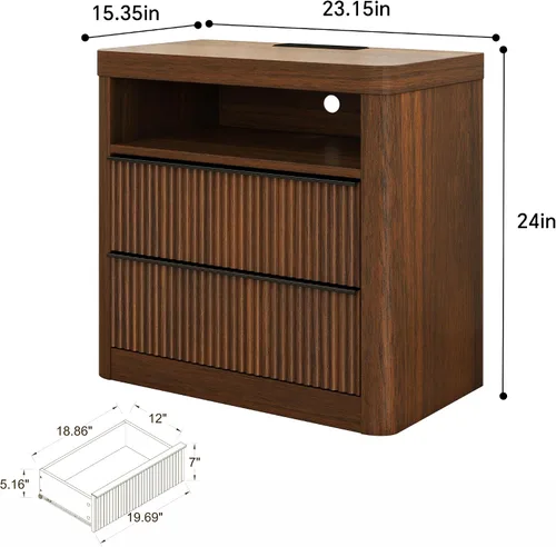Miniatura 3 de Juego de 2 mesitas de noche acanaladas con cajón, mesita de noche grande y moderna con puerto USB y tomacorriente, mesita de noche de mediados