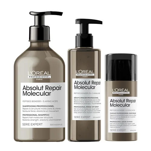 L'Oréal Professionnel Paris Absolut Repair Molecular Hair Care Set - Champú sin sulfato, suero de enjuague y máscara sin enjuague para cabello
