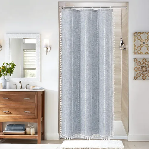Miniatura 14 de MitoVilla - Juego de cortina de ducha de tela de granja gris, cortinas de ducha de poliéster y lino modernas estilo bohemio para decoración de baño