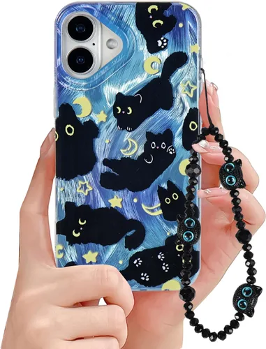 Miniatura 20 de Funda de teléfono para iPhone 11 con patrón de gato lindo, estética, genial y femenina con correa de encantos de teléfono y cadena, funda protectora