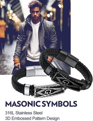 Miniatura 5 de Bandmax Pulsera trenzada de cuero negro para hombre con colgante gótico punk, pulsera de cuero con hebilla de acero inoxidable, paquete de regalo