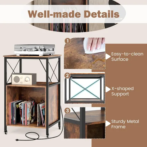 Miniatura 9 de LOKO Soporte rodante para tocadiscos de 3 niveles, soporte giratorio móvil con toma de corriente, estante abierto y divisores, marco de metal, mesa