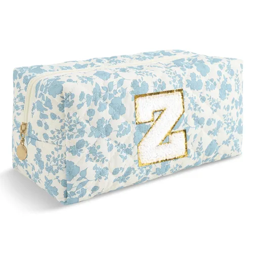 Miniatura 382 de Pequeña bolsa de maquillaje personalizada con inicial A-Z Preppy Patch, bolsa de cosméticos de viaje de felpilla blanca con cremallera, bonita bolsa