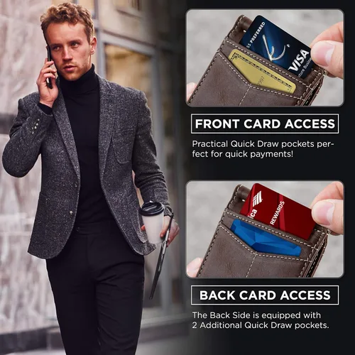 Miniatura 48 de Serman Brand RFID billetera de bloqueo Slim Bifold – cuero genuino minimalista bolsillo frontal carteras para hombres con clip para dinero, cartera