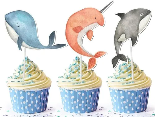 Decoración para cupcakes de ballena, 10 piezas, decoraciones de fiesta de cumpleaños bajo el mar para niños, suministros náuticos de baby shower,