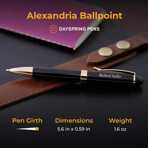 Miniatura 5 de Dayspring Pens Alexandria - Bolígrafo negro con borde dorado, barril grande, grabado dorado en la tapa, compatible con repuesto Parker G2, regalo