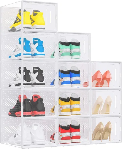 Miniatura 10 de eWonLife Caja Organizadora de Zapatos Grande con Puerta Magnética, Juego de 12 Contenedores Apilables de Plástico Transparente para Zapatos, Conecta