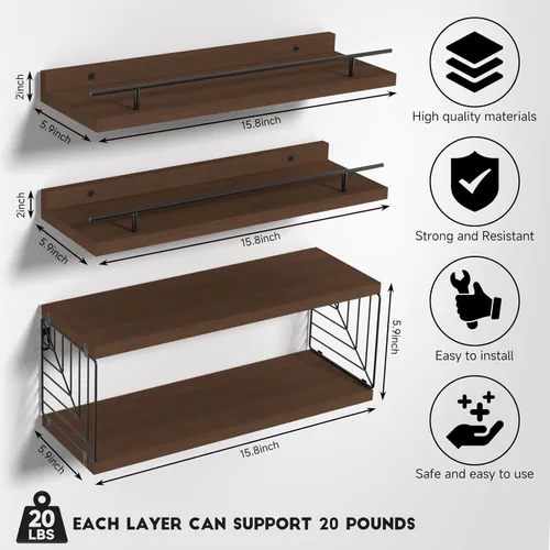 Miniatura 3 de Estantes flotantes para pared, estante flotante para baño, juego de 3, estante flotante para pared con soporte de papel higiénico para baño, Marrón
