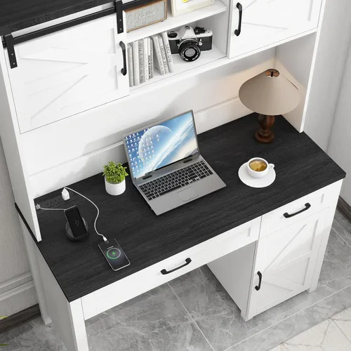 Miniatura 3 de Vabches Farmhouse - Escritorio ejecutivo de 47 pulgadas, escritorio para computadora con 2 cajones, armario de almacenamiento y luz LED, cubo