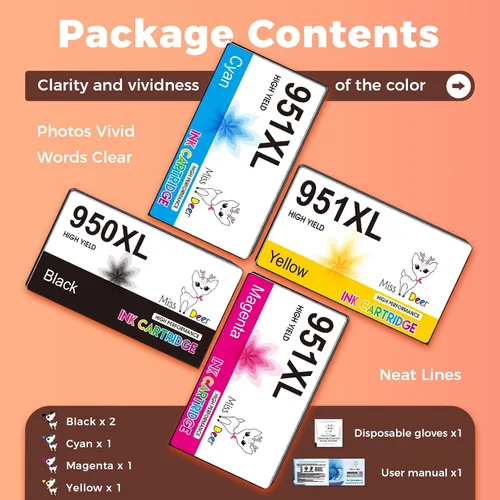 Miniatura 8 de Miss Deer 5-Pack 950 XL 951 XL Ink Cartridges Combo Pack, 2 Black + 1 Each C/M/Y, High Yield for Home Office Business, Compatible for HP OfficeJet