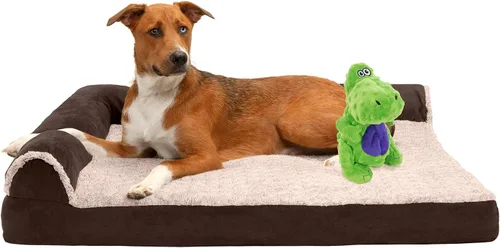 Miniatura 25 de Furhaven - Cama ortopédica de espuma para perros, de piel sintética y gamuza, en forma de L, en dos tonos estilo caja de huevos, color gris piedra