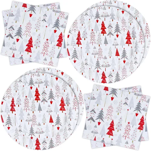 ZVK Juego de platos y servilletas de papel de Navidad, vajilla de papel de Navidad blanca, vajilla desechable, suministros para fiestas, 40 piezas,