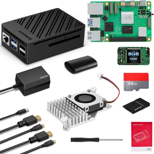 Raspberry Pi 5 Kit 8GB RAM con enfriador activo y fuente de alimentación Pi 5 27W 5.1V5A, RPi 5 8GB caja ABS de una sola placa 2 HD Out 4K Cables