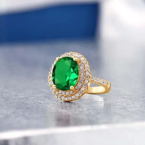 Miniatura 5 de Gem Stone King Anillo de esmeralda simulada de plata chapada en oro amarillo de 18 quilates para mujer
