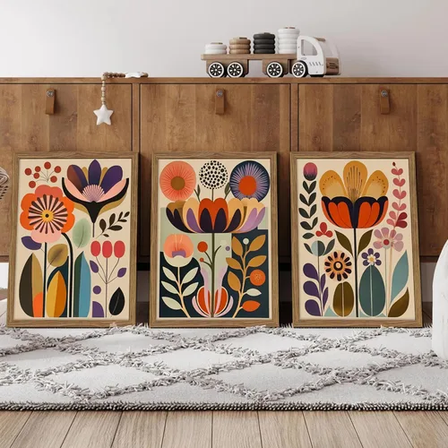 Miniatura 6 de Juego de 3 pinturas artísticas abstractas de flores escandinavas enmarcadas para decoración de pared, arte botánico moderno de mediados de siglo
