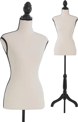 Maniquí femenino de altura ajustable en soporte de trípode de madera, maniquí de torso para coser ropa y exhibición de joyas, color crema