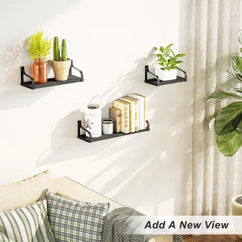 Miniatura 9 de Love-KANKEI Estantes flotantes montados en la pared de madera rústica, juego de 3 estantes para dormitorio, sala de estar, baño, cocina, color negro