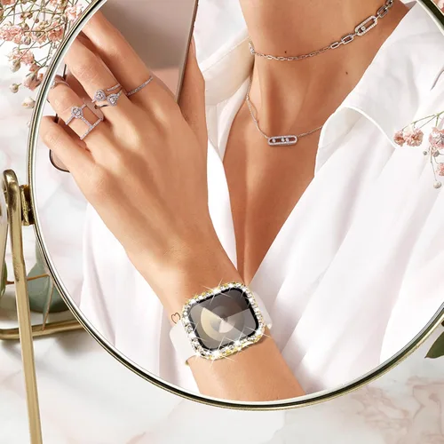 Miniatura 7 de NewWays Funda impermeable 2 en 1 de 1.772 pulgadas para Apple Watch Series 9, 8, 7, encaje completo con diamantes de imitación y purpurina para Oro
