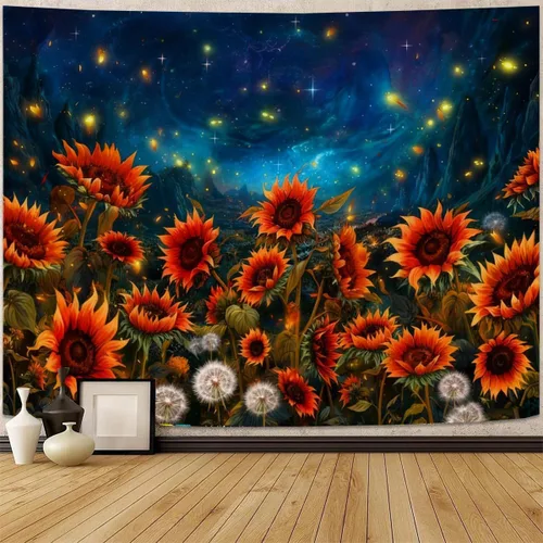 FENDROM Tapiz de paisaje de girasoles, galaxia, luna, estrellas, paisaje, arte de pared, decoración de pared natural para dormitorio, sala de estar,