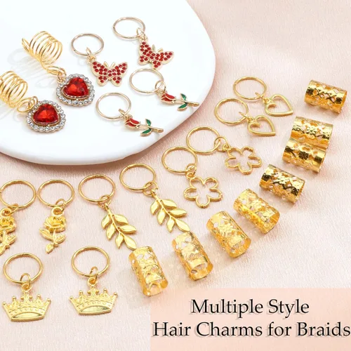 Miniatura 2 de 24 piezas de joyería para el cabello para trenzas de corazón rojo, mariposa, dijes para el día de San Valentín, joyería para trenzas de flores