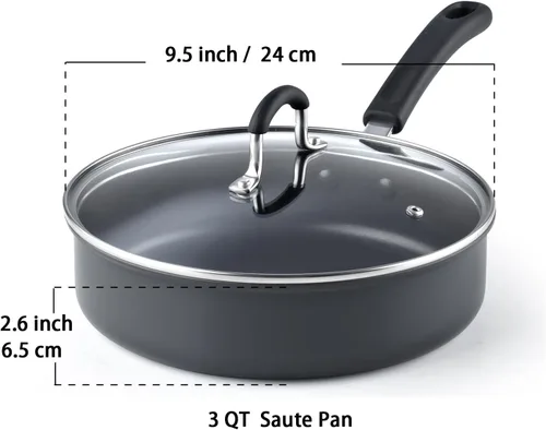 Miniatura 2 de Cook N Home Sartén antiadherente con tapa de 3 cuartos de galón de 9.5 pulgadas, sartenes anodizadas duras para saltear profundas, sartén de cocina