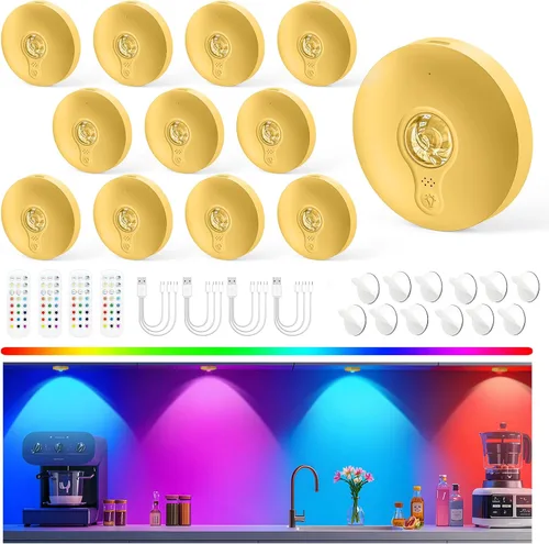 Miniatura 13 de Luces de disco recargables con control remoto, juego de 12 luces magnéticas para debajo del gabinete, luces LED de 1500mAh con control remoto, Blanco