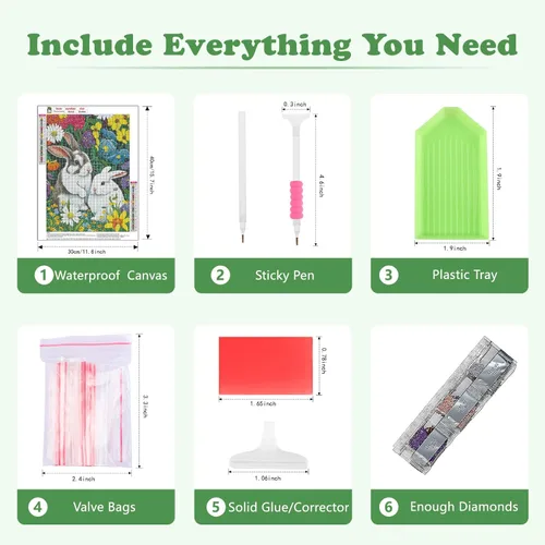 Miniatura 6 de SENQAO Kit de pintura de diamante de conejo, kit de pintura de diamantes de flores 5D, arte de diamantes de taladro completo para adultos y niños