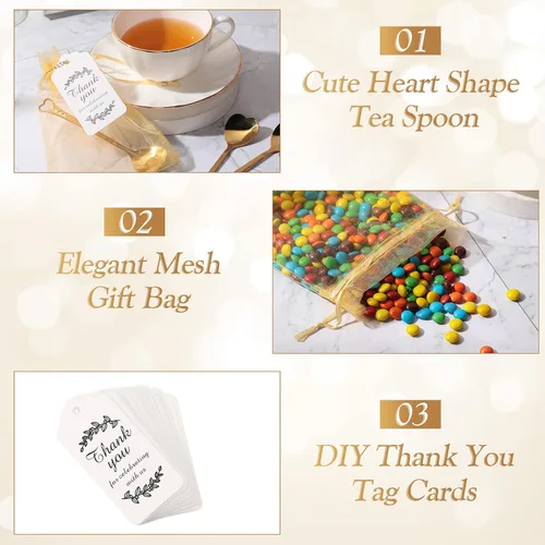 Miniatura 3 de Meanplan Juego de 50 cucharas de corazón doradas para fiestas, cucharas de café de acero inoxidable con bolsas de organza, tarjetas