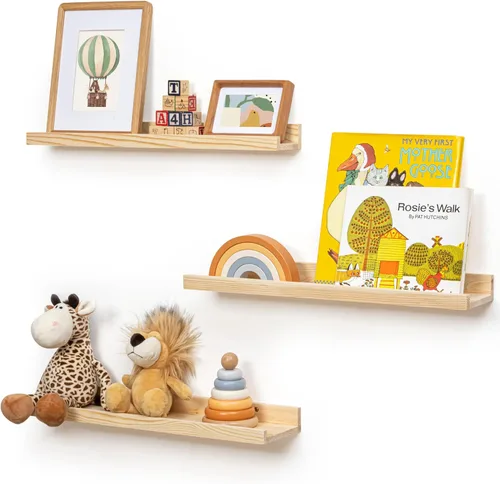 Miniatura 30 de FLYJOE Estante de repisa de fotos para pared, 24 pulgadas de madera de fresno maciza, estantes para libros de guardería, estantes flotantes