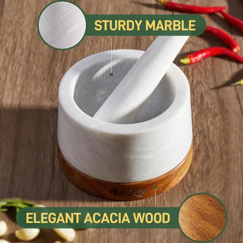 Miniatura 3 de MarcZero Juego de mortero y pilón grande de 15 cm con base de madera antiarañazos, mortero y pilón resistentes hechos de mármol natural (blanco)