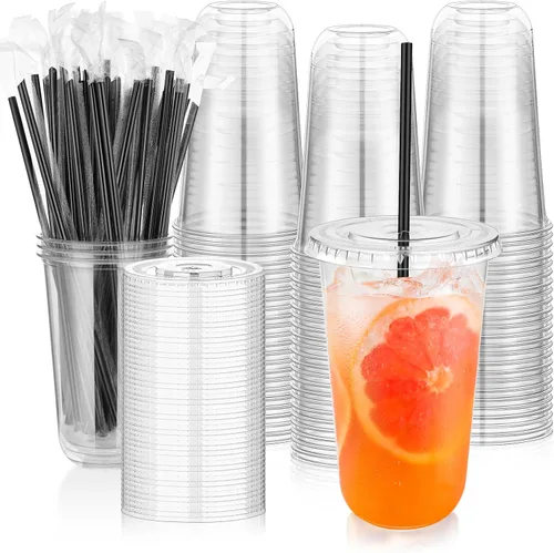 Miniatura 14 de tchrules Juego de 100 vasos de plástico negro de 12 onzas con tapas y pajitas, taza de café helado desechable con tapa, parte inferior redonda
