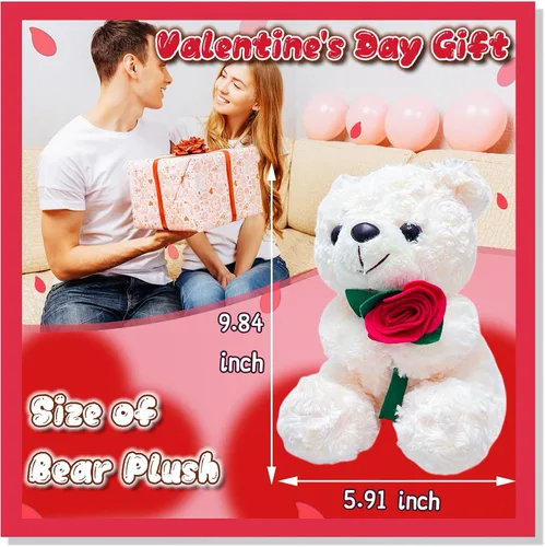 Miniatura 2 de Oso de peluche blanco de 9.84 pulgadas con flor para niñas y niños, bonito oso de peluche, regalos del día de San Valentín para novia, recuerdos